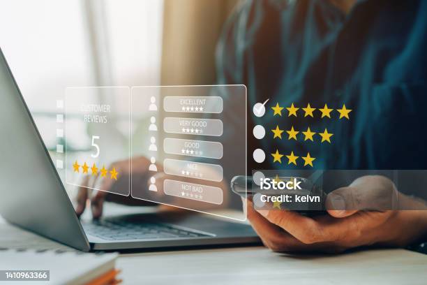 User Give Rating 5 Star To Service Experience On Online Application Stock Photo - Download Image Now