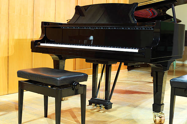 istock Concert grand piano and regulated black bench in light hall 141096419