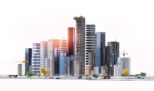 3D illustration of a conceptual city with skyscrapers, road networks, and transportation. Isolated on white background.