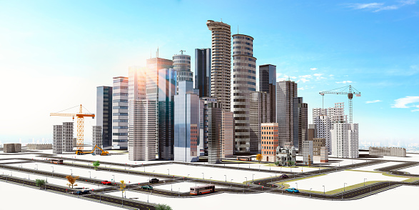 3D illustration of a conceptual city with skyscrapers and road networks. Isolated on white background.