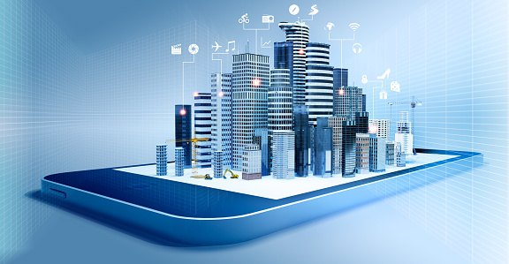 3D illustration of modern city on smartphone screen. Conceptual smartphone connections with icons.