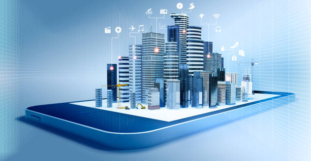 3D illustration of smartphone connections with urban buildings 3D illustration of modern city on smartphone screen. Conceptual smartphone connections with icons. isometric smart city stock pictures, royalty-free photos & images