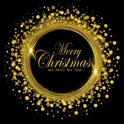 Merry Christmas and Happy New Year with glitter frame. Gold and Black Holiday Background.