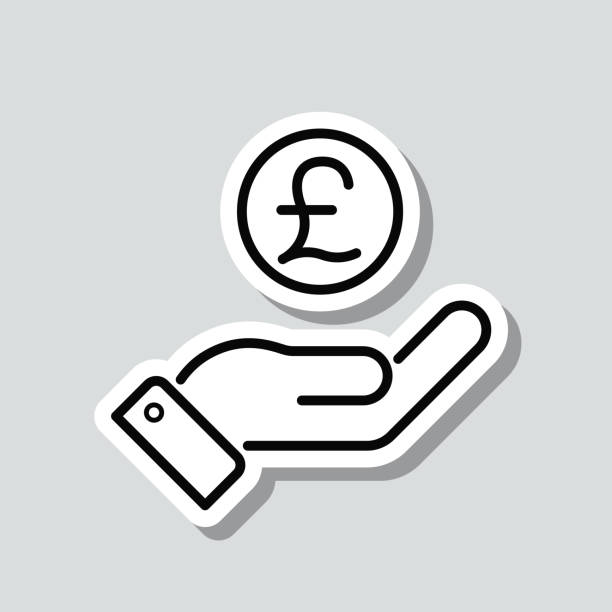 ilustrações, clipart, desenhos animados e ícones de moeda de libra na mão. adesivo de ícone no fundo cinza - british currency pound symbol currency giving