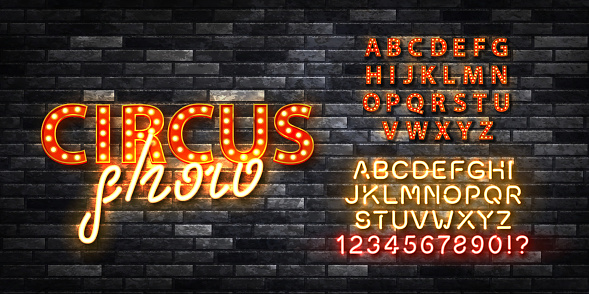 Vector realistic isolated retro marquee billboard with electric light lamps of Circus Show logo with alphabet font on the wall background.