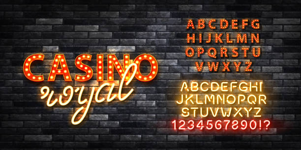 Vector realistic isolated retro marquee billboard with electric light lamps of Casino Royal logo with alphabet font on the wall background. Vector realistic isolated retro marquee billboard with electric light lamps of Casino Royal logo with alphabet font on the wall background. poker wallpaper background stock illustrations