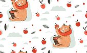 istock Hand drawn vector abstract greeting cartoon autumn illustration seamless pattern with cute cat character collected apple harvest with berries,leaves and branches isolated on white background. 1410975422