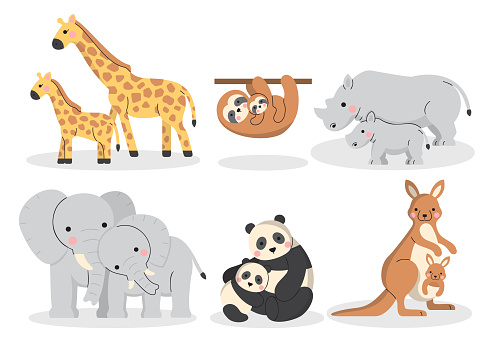 Cute of various animal family with giraffe, sloth, rhinoceros, elephant, panda and kangaroo,  Hand drawing in cartoon characters on mother's day concept on white background, Vector illustration