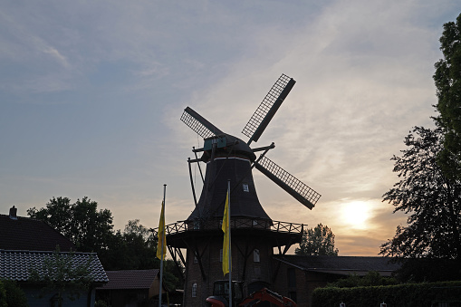 Windmill of Leiden wrapped in Netherlands three coloured flag, Holland Netherlands