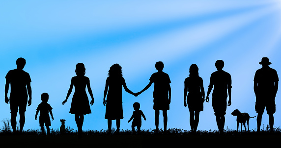 People of different gender and age with children and animals on blue background concept of diversity