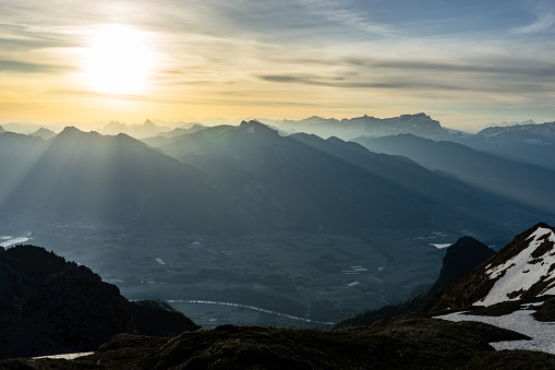Morning sun in the Swiss Alps in the canton of Valais