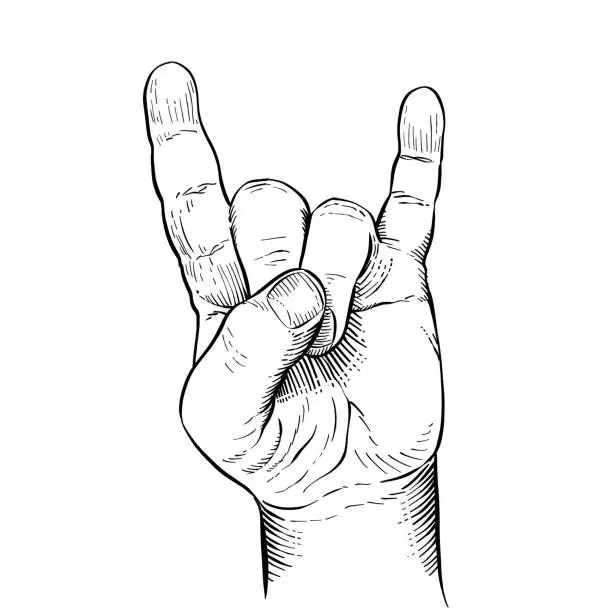 Vector illustration of Close-up of horns hand gesture, sign of fans rock and roll.  Black and white vector illustration. Hand language