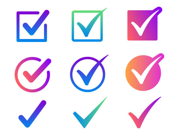 ilustrações de stock, clip art, desenhos animados e ícones de 3 types of round and square check marks, colorful gradation - check mark symbol computer icon interface icons