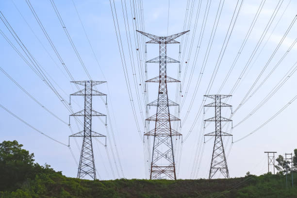 istock Electricity transmission pylon, high voltage power lines tower 1410977065