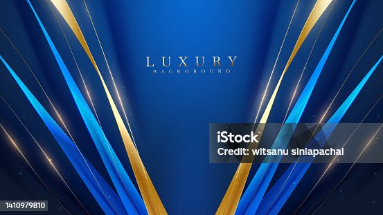 istock Blue luxury background with gold ribbon decoration and glitter light effect elements. 1410979810