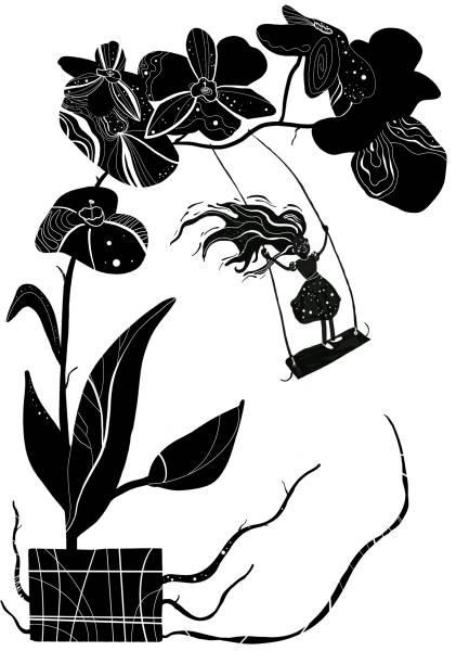 ilustraciones, imágenes clip art, dibujos animados e iconos de stock de ilustración chica columpiándose en un columpio sobre una orquídea aislada - swing child silhouette swinging