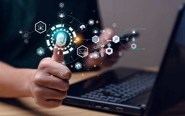 istock Banking data protection with fingerprint sign-up, cyber security, financial technology. Internet innovation technology against digital cyber crime. big Data businesses.User scans fingerprint to log in 1410981794