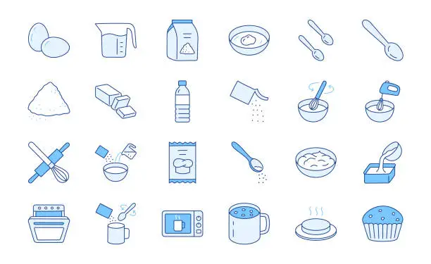 Vector illustration of Baking Mixes doodle illustration including icons - water, muffin ingredient, bowl, dough, egg, whisk, stove, melted butter, pouch. Thin line art about bakery kitchenware. Blue Color, Editable Stroke