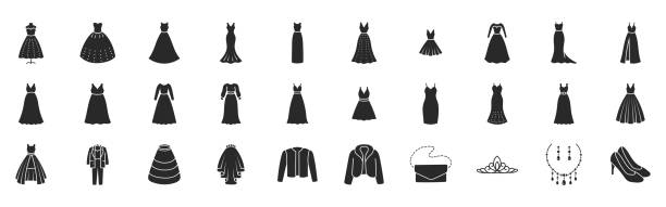 ilustraciones, imágenes clip art, dibujos animados e iconos de stock de ilustración de garabato plano del vestido de novia que incluye iconos: vestido de noche, traje de novio, taller de matrimonio, abrigo de piel de talla grande, chaqueta, crinolina. arte de silueta de glifo sobre ropa de novia. color negro - vestido de noche