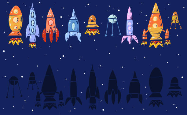 Vector template for preschool games. Find the correct shadow. Childrens educational fun. Find right black silhouette for rockets in cosmos Vector template for preschool games. Find the correct shadow. Childrens educational fun. Find right black silhouette for rockets in cosmos. Cartoon spacecraft, satellite and spaceship. rocketship silhouettes stock illustrations