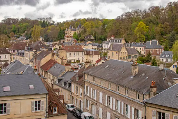 Les toits de Pierrefonds, a commune located in the Oise department, in the Hauts-de-France region, on the south-eastern edge of the Compiègne forest.