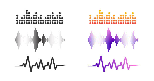 라디오 음파 아이콘 벡터 세트 또는 음성 음악 오디오 리듬 라인, 녹음 음파 리듬 또는 트랙 파형 신호 클립 파트 그래픽, 튜닝 펄스 또는 주파수 dj 비트 클립 아트 디스코 스펙트럼 요소 - wind instrument audio stock illustrations