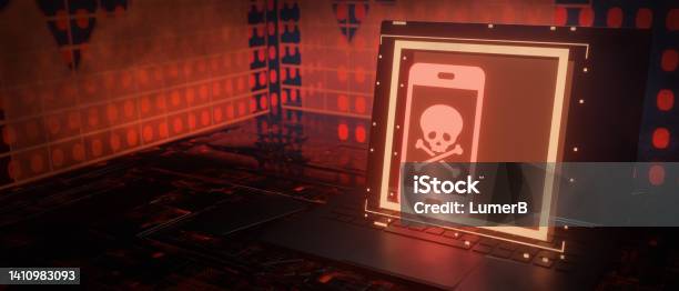 Sony Ransomware Skull Screen Red Pirate Skull Smartphone Screen Mobile Hacking System Breach Virus ...