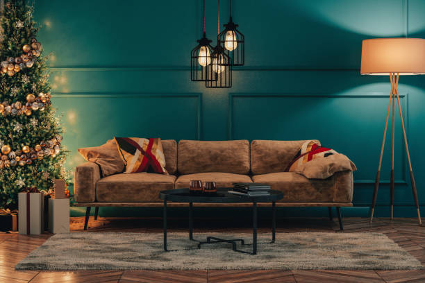 bohemian style living room design with christmas decoration - green blank retro revival old fashioned imagens e fotografias de stock