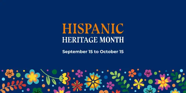 Vector illustration of Hispanic heritage month. Vector web banner, poster, card for social media, networks. Greeting with national Hispanic heritage month text on floral pattern background.