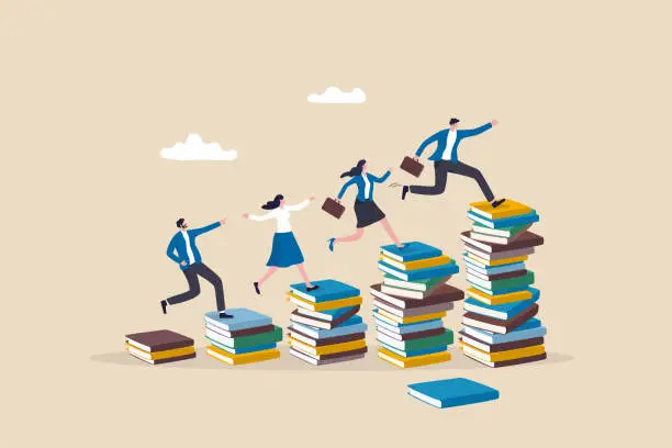 Vector illustration of Knowledge or education to help business success, wisdom or learning to help employee achieve goal, training or education course concept, people running on growth book stack to achieve goal.