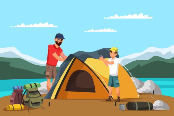 illustrazioni stock, clip art, cartoni animati e icone di tendenza di padre e figlio si accampano in montagna e montano la tenda. viaggi in famiglia, vacanze attive, escursioni, paternità felice e infanzia, trascorrere del tempo insieme, concetto di hobby. illustrazione di caratteri vettoriali - camping picnic mountain vector