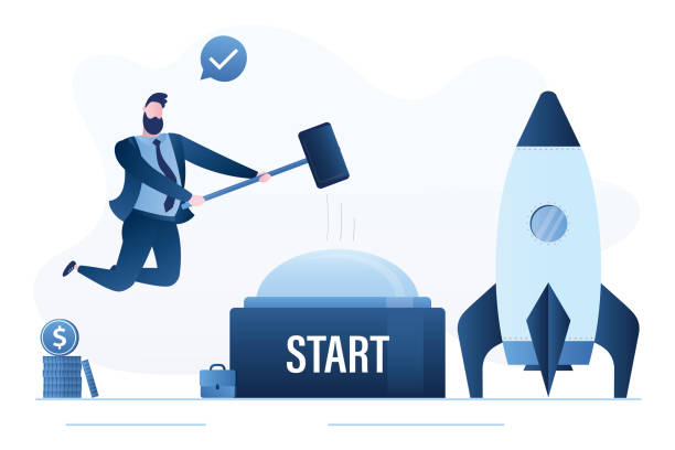 istock Confident businessman in jump with hammer hits big button. Start new project or startup. Push the button. Rocket ready to start. Business development, concept banner. 1410990313