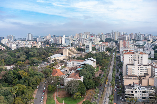 Porto Alegre, RS, Brazil, JUL 06, 2022, UFRGS - Federal University of Rio Grande do Sul at Farroupilha Park in the city of Porto Alegre, seen from a drone