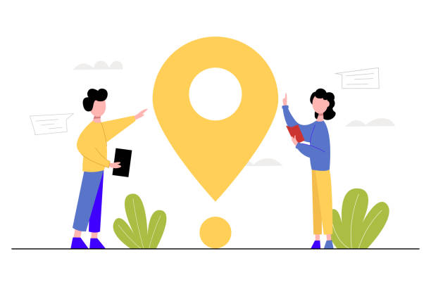 istock Express delivery concept. Location icon with cartoon characters. Online delivery service vector illustration. 1410992051