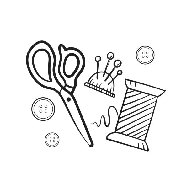 ilustrações de stock, clip art, desenhos animados e ícones de monochrome doodle sewing kit from scissor and thread elements set. vector illustration isolated on white background. - needle craft sewing making