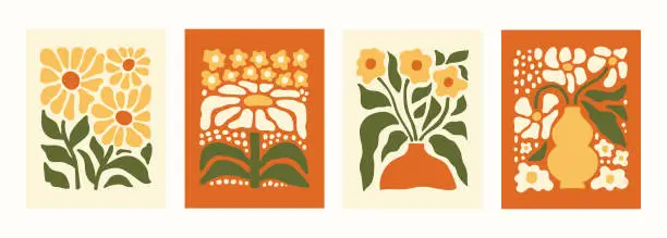 Vector illustration of Abstract botanical set posters with various blossom groovy flowers