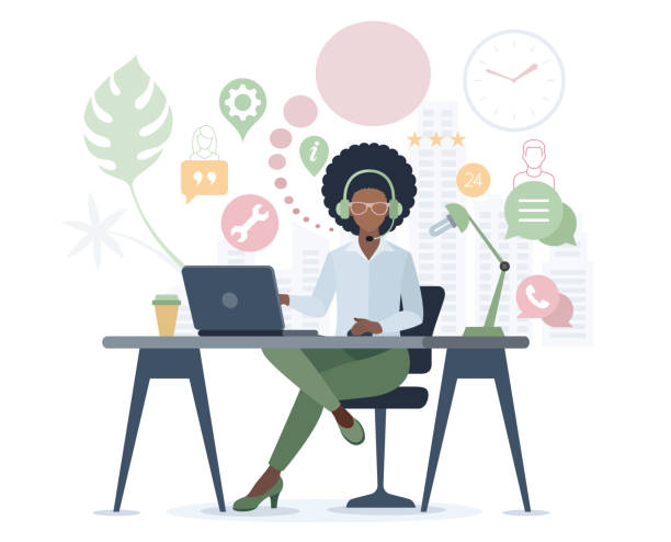 ilustrações de stock, clip art, desenhos animados e ícones de customer service. call center. woman with headphones on laptop screen. - clock face illustrations