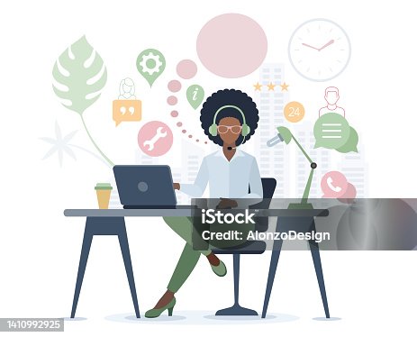 istock Customer service. Call center. Woman with Headphones on Laptop Screen. 1410992925