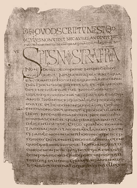 illustrations, cliparts, dessins animés et icônes de page d’un manuscrit en papyrus de saint augustin de la 6ème année. j.-c. - playwright