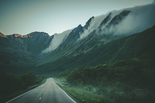 Lofoten Nordland County Norway Cloudy Early Morning Scenic Highway. Scandinavian Theme.