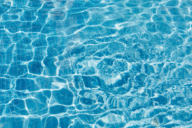 istock Clear water surface with ripple wave splashes and drops in swimming pool. Abstract turquoise or blue texture water wave and sunlight shadow reflections for background. 1410997925