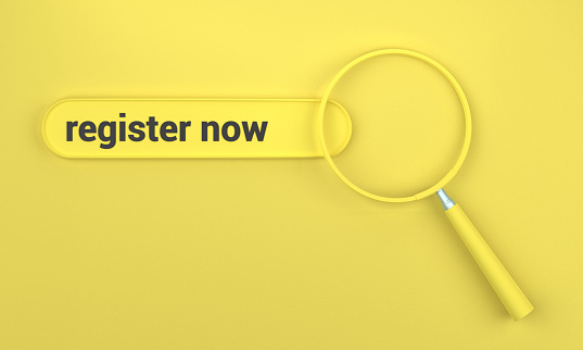 Searching for Register Now in search bar with magnifying glass. SEO concept on yellow background.