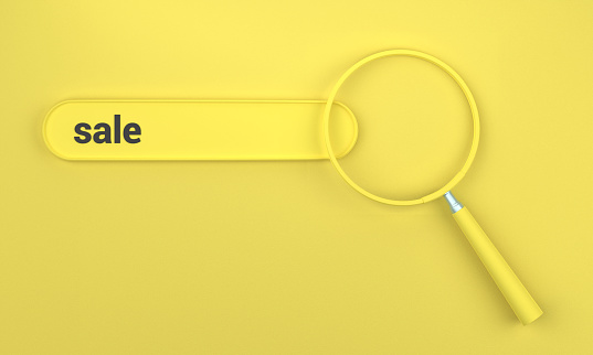 Searching for Sale in search bar with magnifying glass. SEO concept on yellow background.