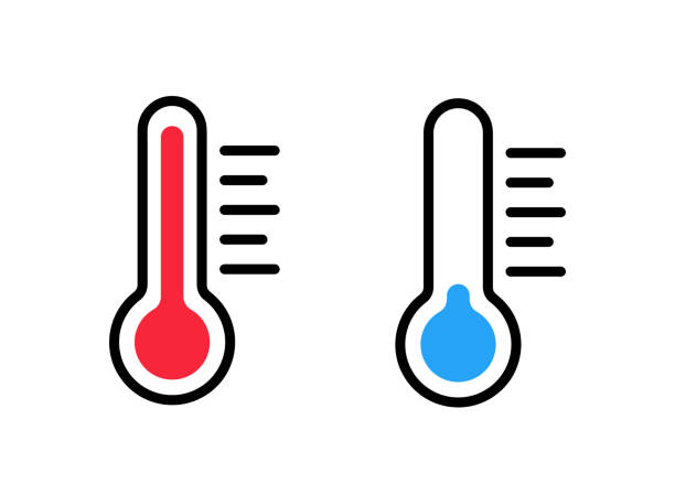 thermometersymbol kalt und warm, temperaturskala-symbol, kühles und heißes wetterzeichen, einfaches isoliertes vektorbild - thermometer stock-grafiken, -clipart, -cartoons und -symbole