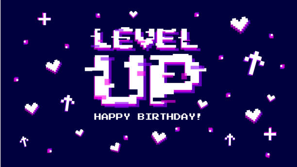 Birthday wishes vector illustration. Rich violet background with text level up and happy birthday, hearts, arrows in glich error style. Template banner for website, poster or stream. Birthday wishes vector illustration. Rich violet background with text level up and happy birthday, hearts, arrows in glich error style. Template banner for website, poster or stream. computer birthday stock illustrations