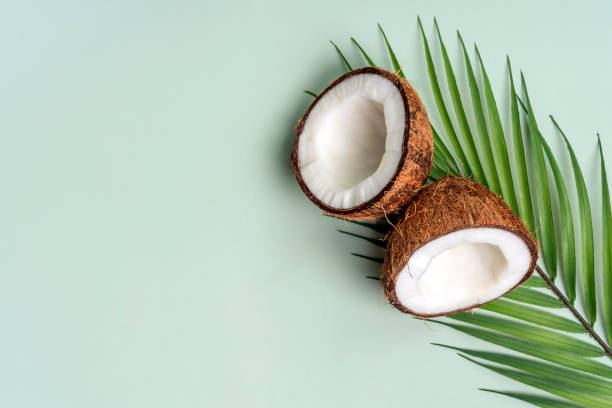 istock Coconuts and green tropical leaves on green background. Copy space 1411003814