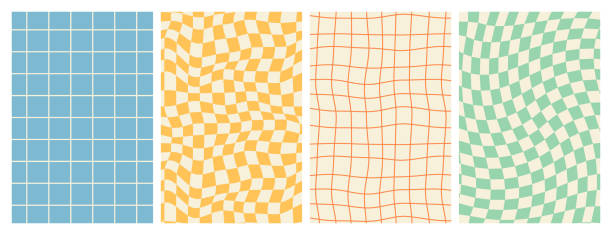 Groovy hippie 70s backgrounds. Checkerboard, chessboard, mesh, waves patterns in trendy retro style. Groovy hippie 70s backgrounds. Checkerboard, chessboard, mesh, waves patterns. Twisted and distorted vector texture in trendy retro psychedelic style. Y2k aesthetic. checked pattern stock illustrations