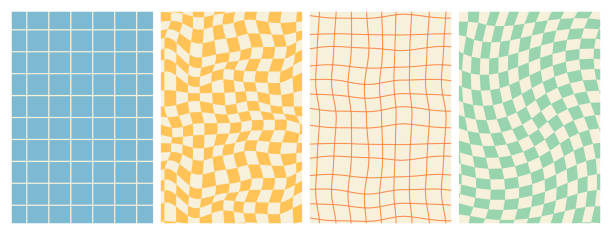 Groovy hippie 70s backgrounds. Checkerboard, chessboard, mesh, waves patterns in trendy retro style. Groovy hippie 70s backgrounds. Checkerboard, chessboard, mesh, waves patterns. Twisted and distorted vector texture in trendy retro psychedelic style. Y2k aesthetic. fun stock illustrations