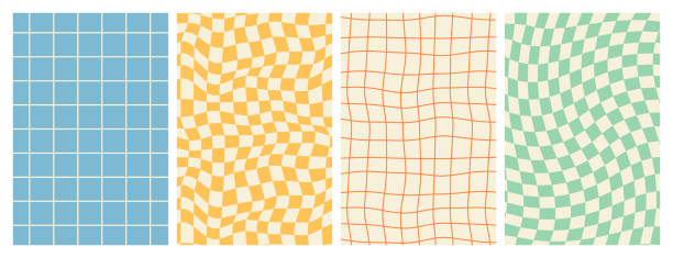 Groovy hippie 70s backgrounds. Checkerboard, chessboard, mesh, waves patterns in trendy retro style. Groovy hippie 70s backgrounds. Checkerboard, chessboard, mesh, waves patterns. Twisted and distorted vector texture in trendy retro psychedelic style. Y2k aesthetic. the millennium stock illustrations