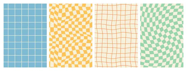 Vector illustration of Groovy hippie 70s backgrounds. Checkerboard, chessboard, mesh, waves patterns in trendy retro style.